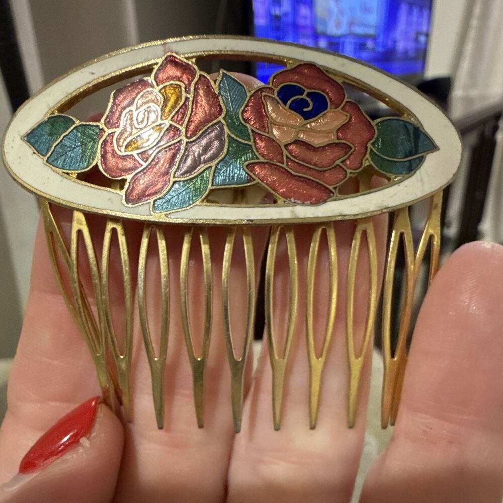 Gold Tone Metal Enamel Floral Hair Comb Pink Roses, Green & Blue Accents
